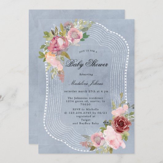 roestkleurig burgundy floral baby shower-uitnodigi (Voorkant / Achterkant)