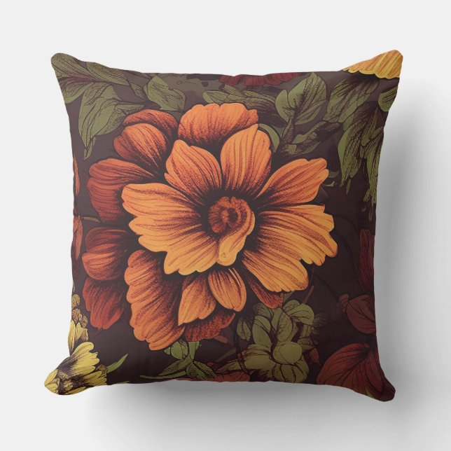 Roestkleurige vintage bloemendruk buitenkussen (Voorkant)