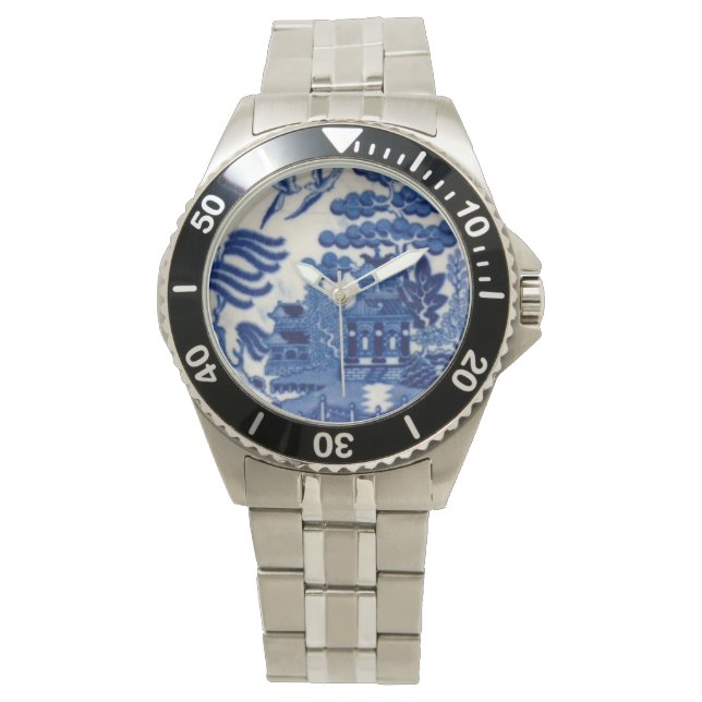 Roestvrij stalen horloge met Blue Willow gezicht (Voorkant)