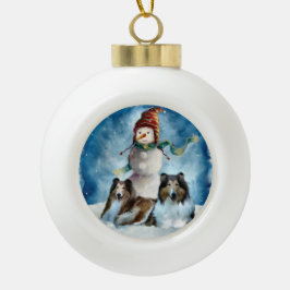 Rogh Collie met Snowman Kerstmis Keramische Bal Ornament