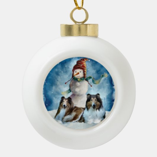 Rogh Collie met Snowman Kerstmis Keramische Bal Ornament (Voorkant)