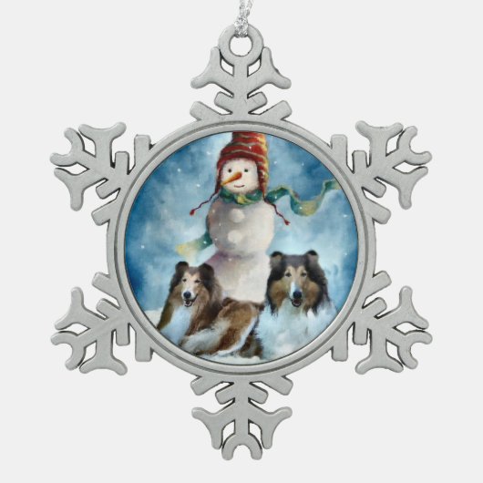 Rogh Collie met Snowman Kerstmis Tin Sneeuwvlok Ornament (Voorkant)