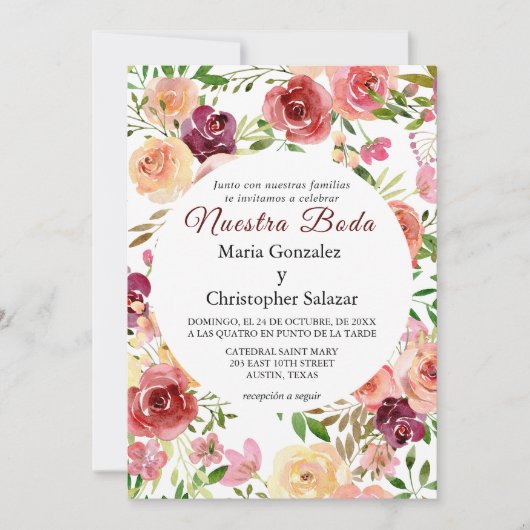 Roja Flores Boda Elegante Spaans Spaans Huwelijk Kaart (Voorkant)