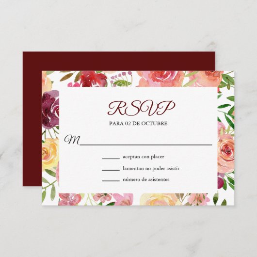 Roja Flores Boda Kaart RSVP (Voorkant / Achterkant)