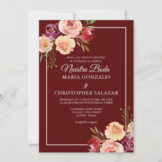 Roja Oro Bloemen Bruiloft Elegant Spaans Huwelijk Kaart (Voorkant)