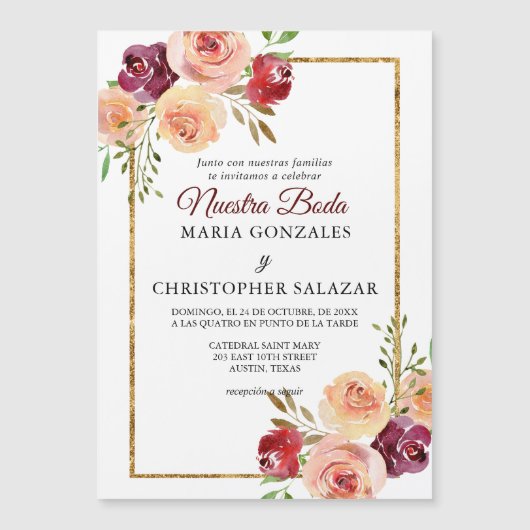 Roja Oro Bloemen Bruiloft Elegante Spaanse Bruilof Magnetische Uitnodiging (Voorkant)