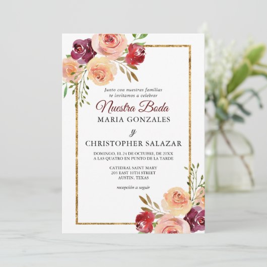 Roja Oro Flores Boda Elegante Spaanse bruiloft Kaart (Staand voorkant)