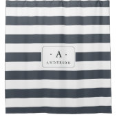 Roke Blue Stripe Familienaam & Monogram Douchegordijn (Voorkant)