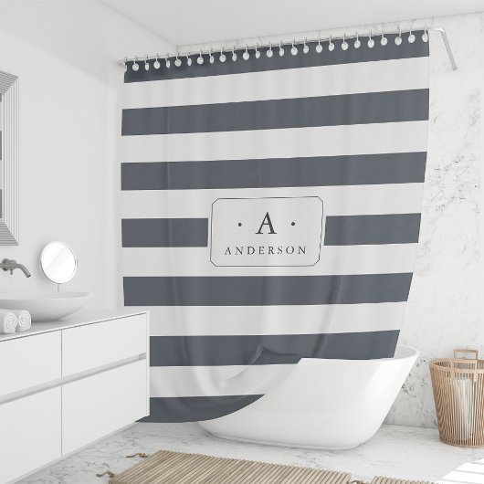 Roke Blue Stripe Familienaam & Monogram Douchegordijn