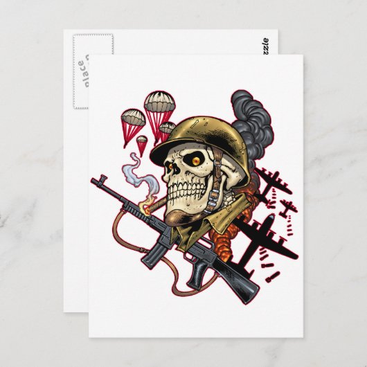 Roken De schedel met helm, vliegtuigen en bommen Briefkaart (Voorkant / Achterkant)