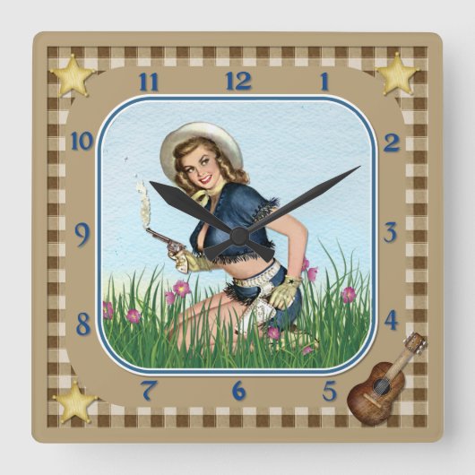 Roken Pistol Pinup Cowgirl Clock Vierkante Klok (Voorkant)