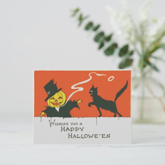 Roken Scarecrow Jack O' Lantern Zwart Kat Briefkaart (Staand voorkant)