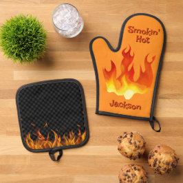 Rokend hete oranje en rode vlam gepersonaliseerd ovenwant & pannenlap set