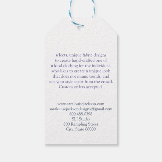 Rokende blauwe monogram handgemaakte kledinglabel cadeaulabel (Achterkant)