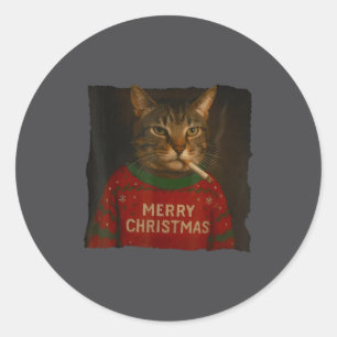 Rokende Kat Sigaret Kerstmis Kerstman Hoed Kat Mem Ronde Sticker