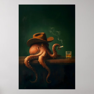 Rokende Octopus Cowboy Muurkunst, Vintage Moody Ba Poster