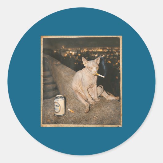 Rokende Sphynx Kat Meme Grappig Ronde Sticker (Voorkant)