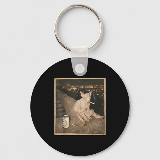 Rokende Sphynx Kat Meme Grappige Illustratie Sleutelhanger (Voorkant)