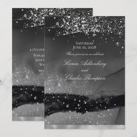 Rokergrijs zwart en mousserend zilver modern huwel kaart (Voorkant / Achterkant)