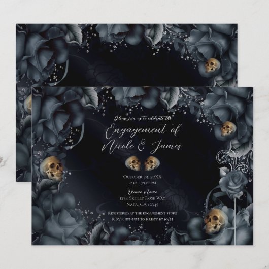 Rokergrijze blauwe Rozen & Skulls Engagement Party Kaart (Voorkant / Achterkant)