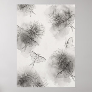 Rokerige grijze Luna Moths Lotus Bloemmotief Poste Poster