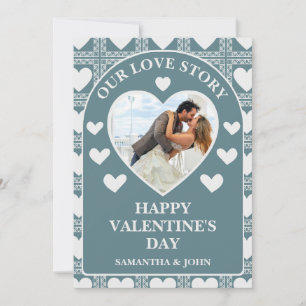 Rokerige Teal Geometrische Hartjes Valentijnsdag C Feestdagenkaart