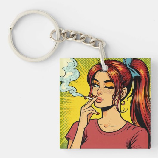 Rokers | Popart | Meisje dat stoned is | Sigaret Sleutelhanger (voorkant)