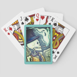 ROKSKELETON MET GHOSTS IN SPOOKY-CEMETERS POKERKAARTEN