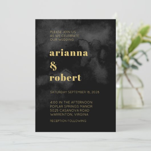 Roky Black Waterverf Canvas Modern Gold Wedding Kaart (Staand voorkant)