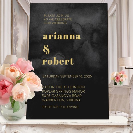 Roky Black Waterverf Canvas Modern Gold Wedding Kaart