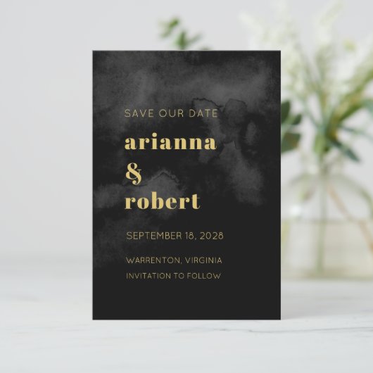 Roky Black Waterverf Canvas Modern Gold Wedding Save The Date (Staand voorkant)