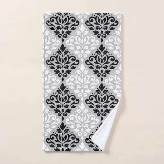 Rol Damask Gemengde Grootte Ptn B&W op Grijs Bad Handdoek (Handdoek)
