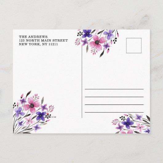 Rol ermee Roze Paarse Bloemen Verander de Datum Aankondigingskaart (Achterkant)