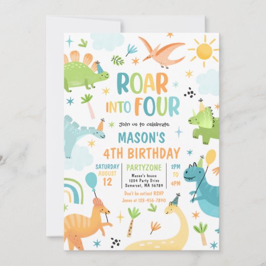 Rol in Vier Jongen Dinosaurus 4e Verjaardagsfeestj Kaart (Voorkant)