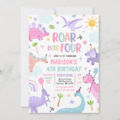 Rol in Vier Roze Dinosaurus 4e Verjaardagsfeestje Kaart (Voorkant)