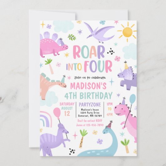 Rol in Vier Roze Dinosaurus 4e Verjaardagsfeestje Kaart (Voorkant)