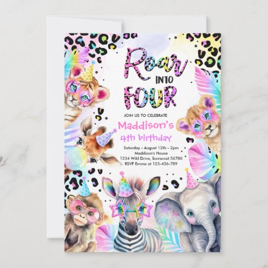 Rol in Vier Safari Roze Meisje Luipaard Verjaardag Kaart (Voorkant)