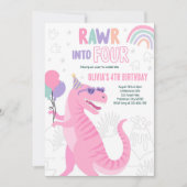 Rol in Vier T-Rex Dinosaurus 4e Verjaardagsfeestje Kaart (Voorkant)