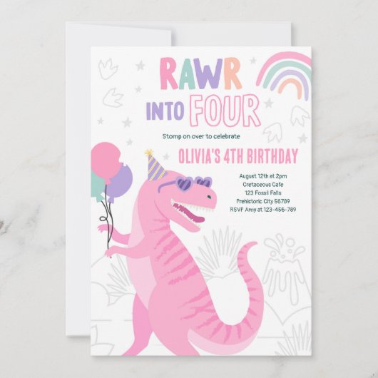 Rol in Vier T-Rex Dinosaurus 4e Verjaardagsfeestje Kaart (Voorkant)