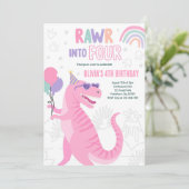 Rol in Vier T-Rex Dinosaurus 4e Verjaardagsfeestje Kaart (Staand voorkant)