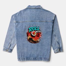 Rol met het – Grappig surfend sushi-ontwerp Denim Jacket