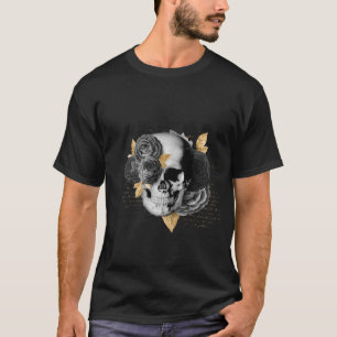 Rol met zwarte bloemen en gouden bladeren op zwart t-shirt