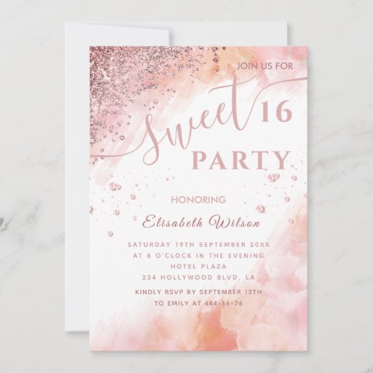 Rol modern diamantluxe roos goud, zoet 16 invi kaart (Voorkant)