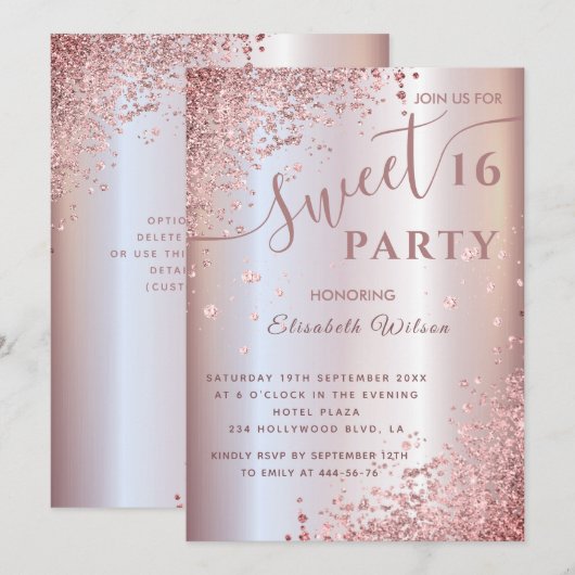 Rol modern diamantluxe roos goud, zoet 16 invi kaart (Voorkant / Achterkant)