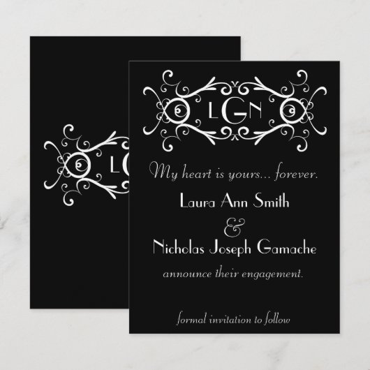 Rol Monogram Zwarte & Witte Uitnodiging (Voorkant / Achterkant)