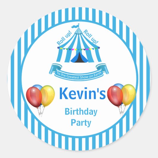 Rol op! Rol op! Circus verjaardagsfeestje blauw Ronde Sticker (Voorkant)
