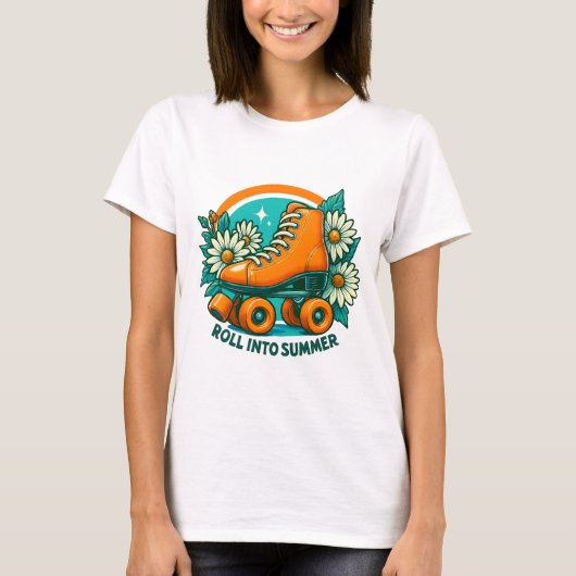 "Roll Into Summer" Retro Roller Schaats T-shirt (Voorkant)