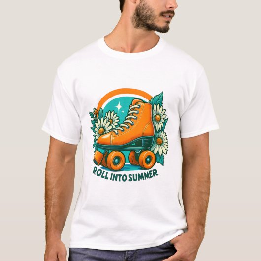 "Roll Into Summer" Retro Roller Schaats T-shirt (Voorkant)