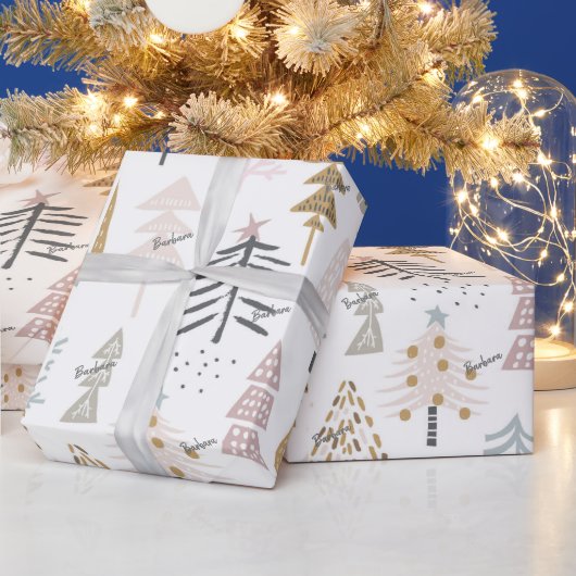 Roll, naam, grillige geïllustreerde winterbomen cadeaupapier (Feestdagen)