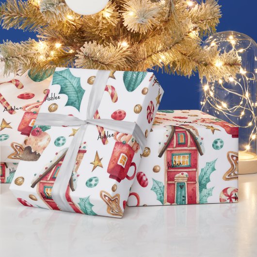 Roll, Naam op Magisch Snoep Huizen, Sweets Pattern Cadeaupapier (Feestdagen)
